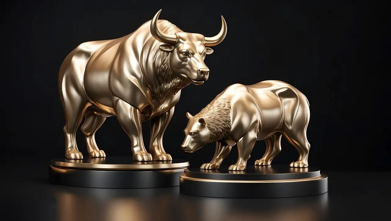 Golden bull and bear statues representing stock market trends, symbolizing the recent surge in CDSL share price and capital market momentum.