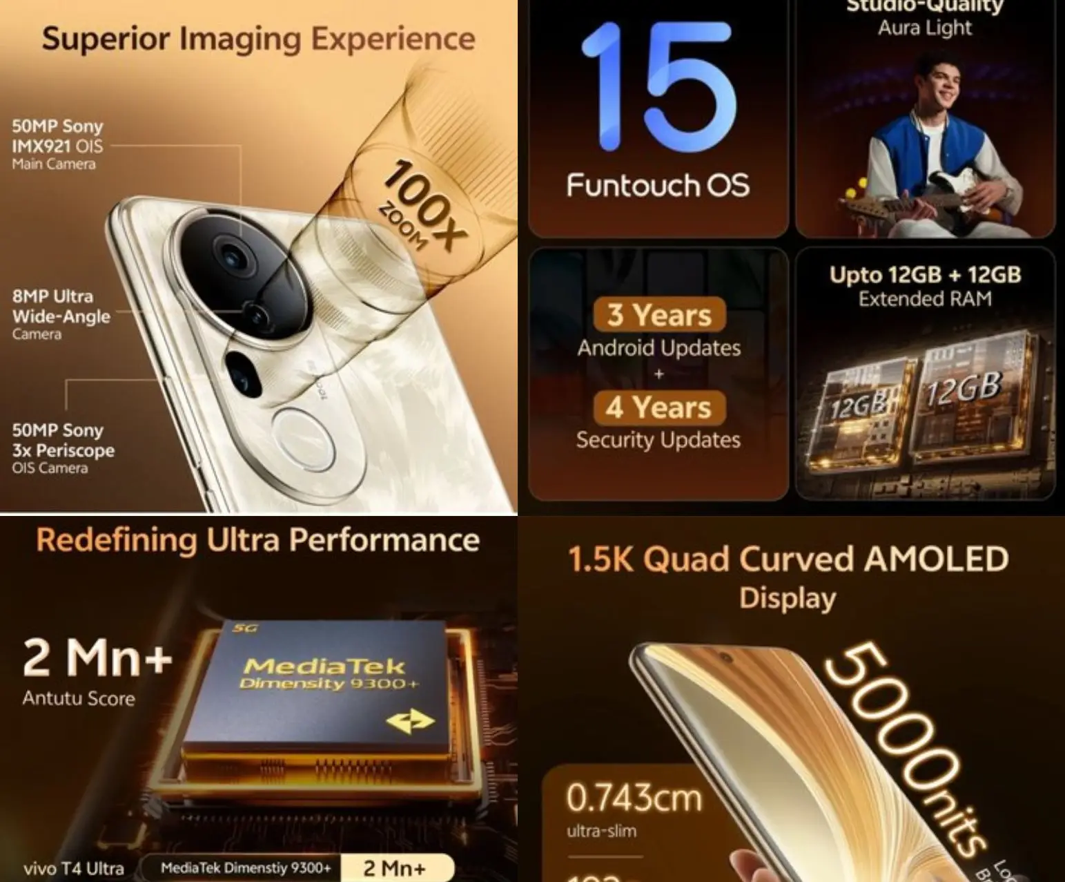 Vivo T4 Ultra smartphone showcasing curved AMOLED display and sleek design in Stellar Black color"
